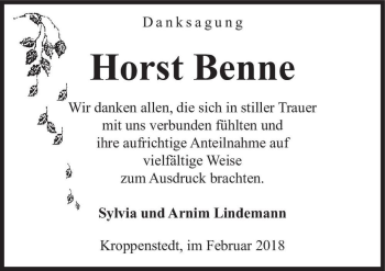 Traueranzeige von Horst Benne  von Magdeburger Volksstimme