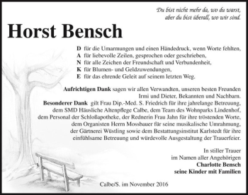 Traueranzeige von Horst Bensch  von Magdeburger Volksstimme