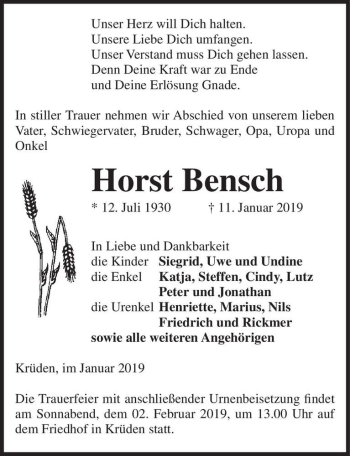 Traueranzeige von Horst Bensch  von Magdeburger Volksstimme