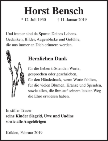 Traueranzeige von Horst Bensch  von Magdeburger Volksstimme