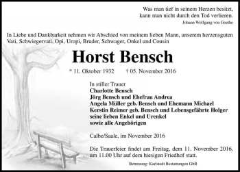 Traueranzeige von Horst Bensch  von Magdeburger Volksstimme