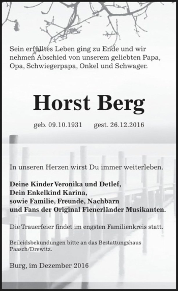 Traueranzeige von Horst Berg  von Magdeburger Volksstimme