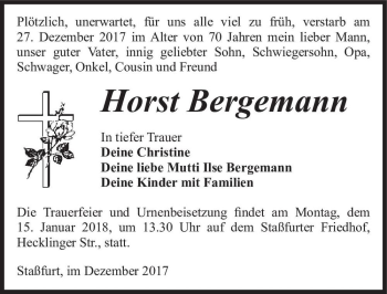 Traueranzeige von Horst Bergemann  von Magdeburger Volksstimme