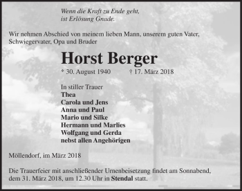 Traueranzeige von Horst Berger  von Magdeburger Volksstimme