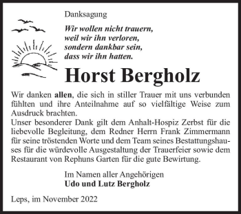 Traueranzeige von Horst Bergholz  von Magdeburger Volksstimme