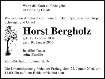 Traueranzeige von Horst Bergholz  von Magdeburger Volksstimme