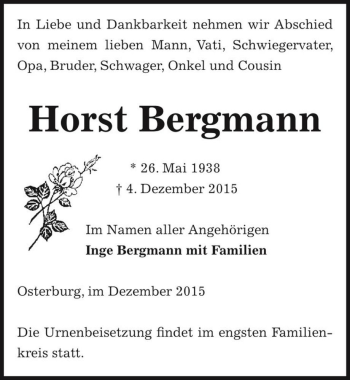 Traueranzeige von Horst Bergmann  von Magdeburger Volksstimme