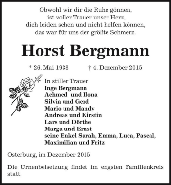 Traueranzeige von Horst Bergmann  von Magdeburger Volksstimme