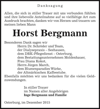 Traueranzeige von Horst Bergmann  von Magdeburger Volksstimme