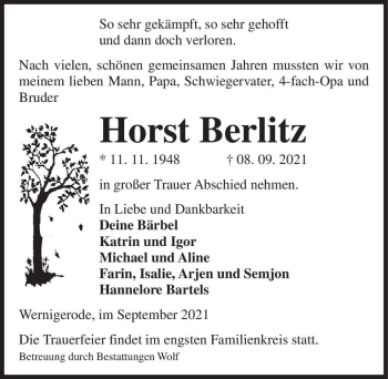 Traueranzeige von Horst Berlitz  von Magdeburger Volksstimme