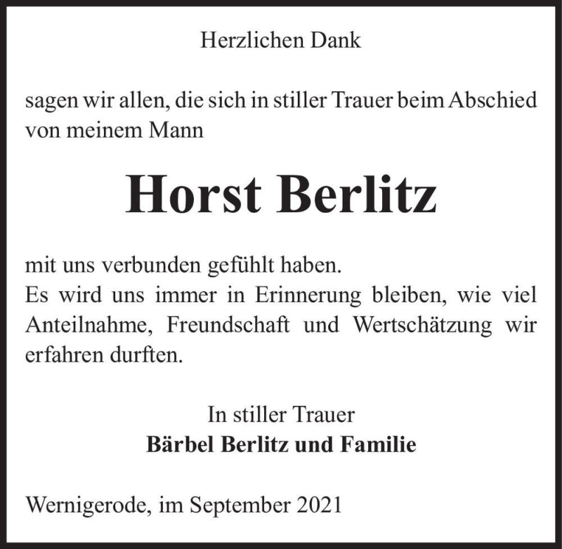  Traueranzeige für Horst Berlitz  vom 09.10.2021 aus Magdeburger Volksstimme