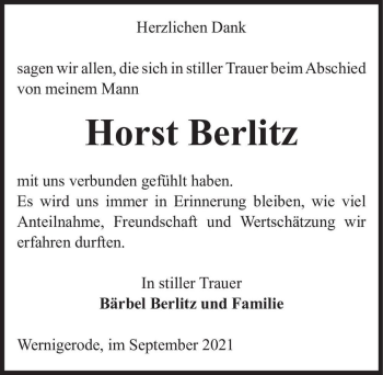 Traueranzeige von Horst Berlitz  von Magdeburger Volksstimme