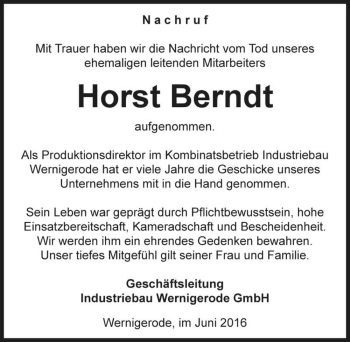 Traueranzeige von Horst Berndt  von Magdeburger Volksstimme