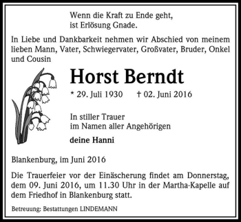 Traueranzeige von Horst Berndt  von Magdeburger Volksstimme