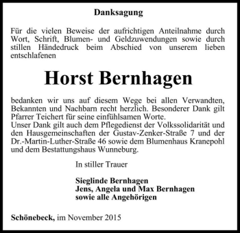 Traueranzeige von Horst Bernhagen  von Magdeburger Volksstimme