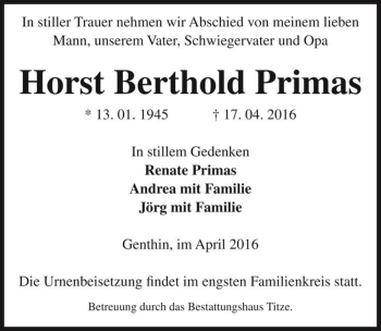 Traueranzeige von Horst Berthold Primas  von Magdeburger Volksstimme
