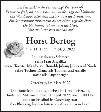 Traueranzeige von Horst Bertog  von Magdeburger Volksstimme