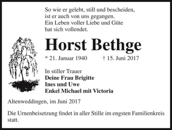 Traueranzeige von Horst Bethge  von Magdeburger Volksstimme