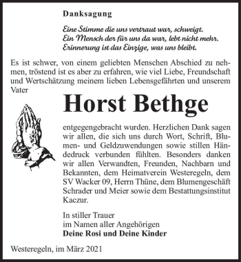 Traueranzeige von Horst Bethge  von Magdeburger Volksstimme