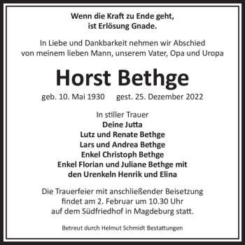 Traueranzeige von Horst Bethge  von Magdeburger Volksstimme