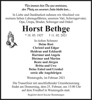 Traueranzeige von Horst Bethge  von Magdeburger Volksstimme