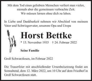 Traueranzeige von Horst Bettke  von Magdeburger Volksstimme