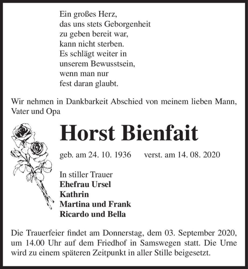  Traueranzeige für Horst Bienfait  vom 29.08.2020 aus Magdeburger Volksstimme