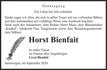 Traueranzeige von Horst Bienfait  von Magdeburger Volksstimme