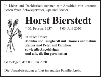 Traueranzeige von Horst Bierstedt  von Magdeburger Volksstimme
