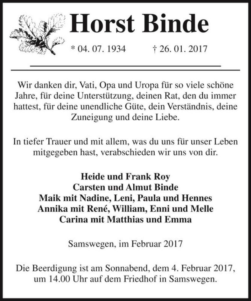  Traueranzeige für Horst Binde  vom 01.02.2017 aus Magdeburger Volksstimme