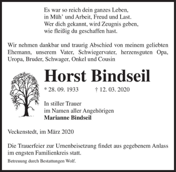 Traueranzeige von Horst Bindseil  von Magdeburger Volksstimme