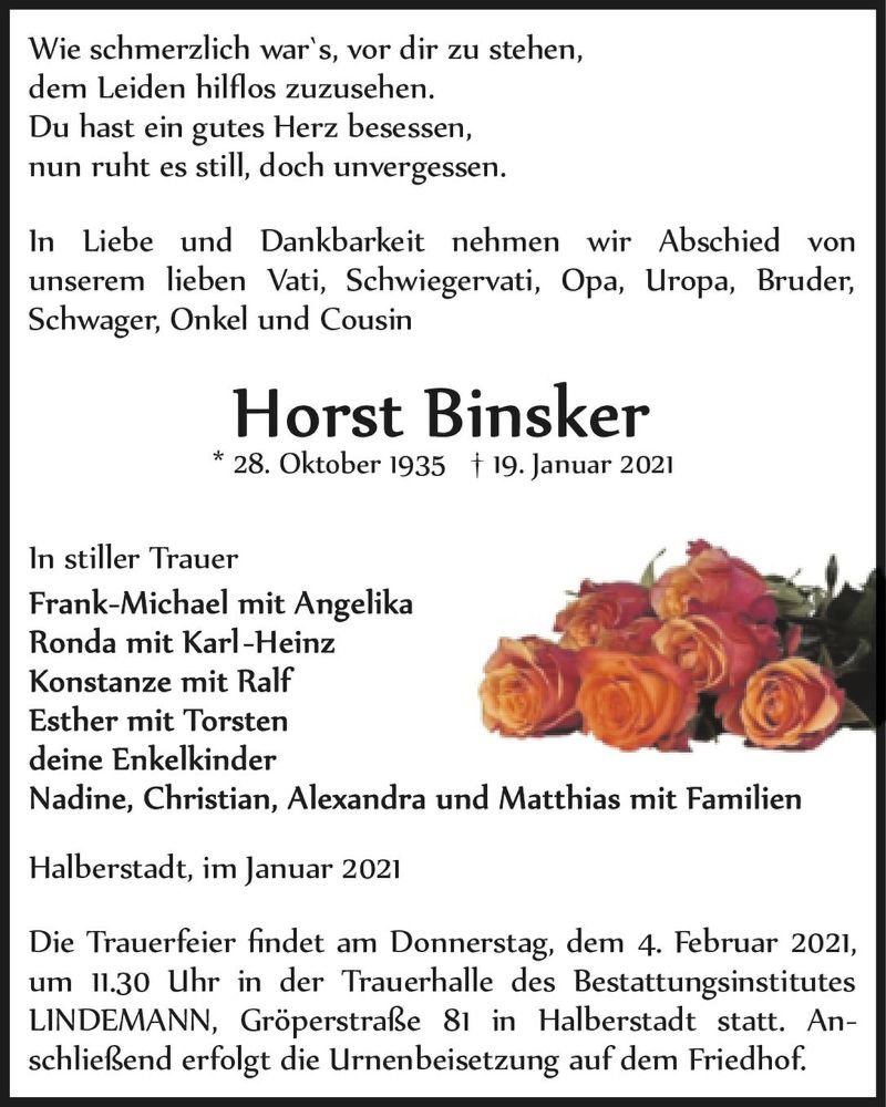  Traueranzeige für Horst Binsker  vom 23.01.2021 aus Magdeburger Volksstimme