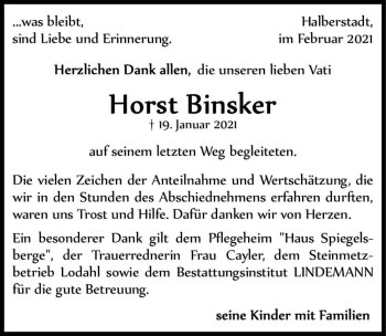 Traueranzeige von Horst Binsker  von Magdeburger Volksstimme