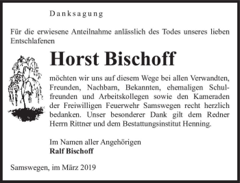 Traueranzeige von Horst Bischoff  von Magdeburger Volksstimme