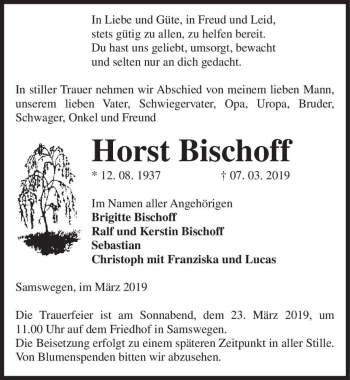 Traueranzeige von Horst Bischoff  von Magdeburger Volksstimme