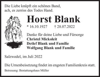 Traueranzeige von Horst Blank  von Magdeburger Volksstimme