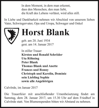 Traueranzeige von Horst Blank  von Magdeburger Volksstimme