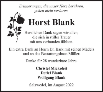 Traueranzeige von Horst Blank  von Magdeburger Volksstimme
