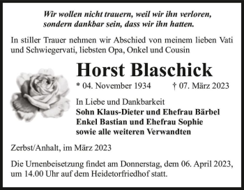 Traueranzeige von Horst Blaschick  von Magdeburger Volksstimme