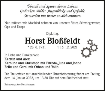 Traueranzeige von Horst Bloßfeldt  von Magdeburger Volksstimme