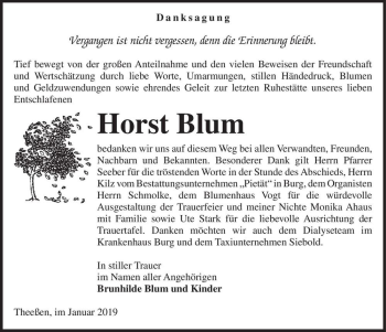 Traueranzeige von Horst Blum  von Magdeburger Volksstimme