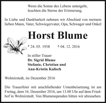 Traueranzeige von Horst Blume  von Magdeburger Volksstimme
