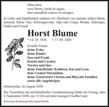 Traueranzeige von Horst Blume  von Magdeburger Volksstimme