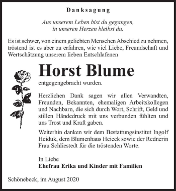 Traueranzeige von Horst Blume  von Magdeburger Volksstimme