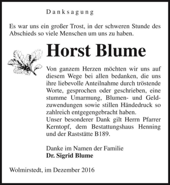 Traueranzeige von Horst Blume  von Magdeburger Volksstimme