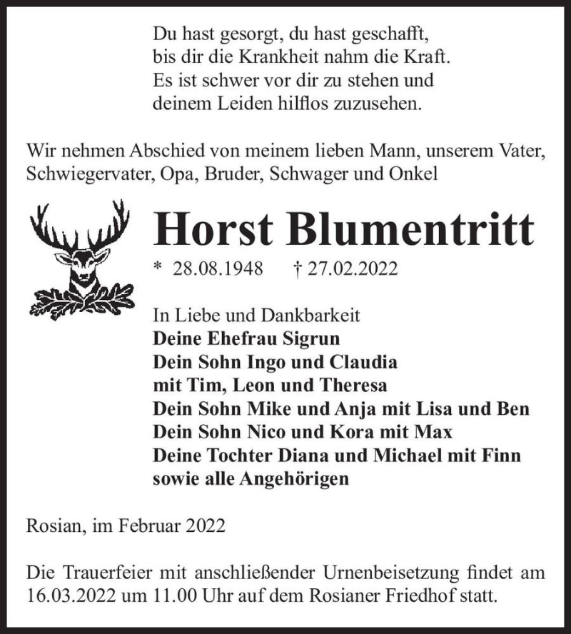  Traueranzeige für Horst Blumentritt  vom 05.03.2022 aus Magdeburger Volksstimme