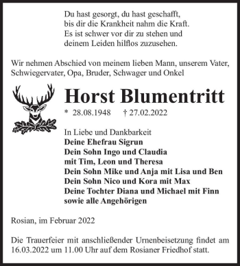 Traueranzeige von Horst Blumentritt  von Magdeburger Volksstimme