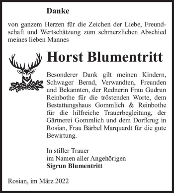 Traueranzeige von Horst Blumentritt  von Magdeburger Volksstimme