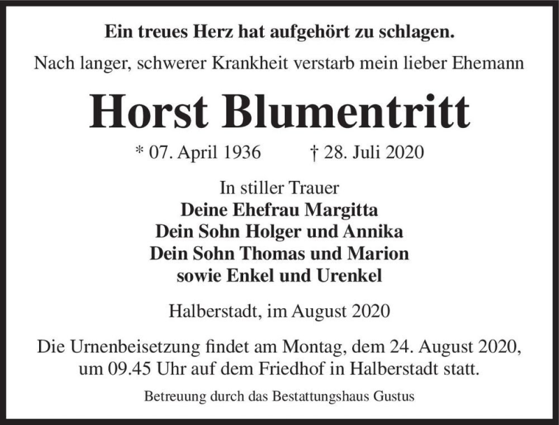  Traueranzeige für Horst Blumentritt  vom 08.08.2020 aus Magdeburger Volksstimme