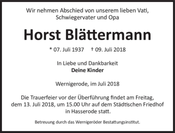 Traueranzeige von Horst Blättermann  von Magdeburger Volksstimme